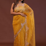 Golden Yellow Organza Embroidery Saree With Scallop Border