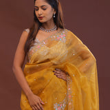 Golden Yellow Organza Embroidery Saree With Scallop Border