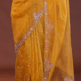 Golden Yellow Organza Embroidery Saree With Scallop Border