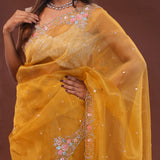 Golden Yellow Organza Embroidery Saree With Scallop Border