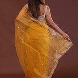 Golden Yellow Organza Embroidery Saree With Scallop Border