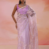 Dusty Lavender Organza Tissue Saree With Scallop Border