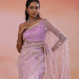 Dusty Lavender Organza Tissue Saree With Scallop Border