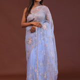 Cornflower Blue Organza Embroidery Saree With Scallop Border