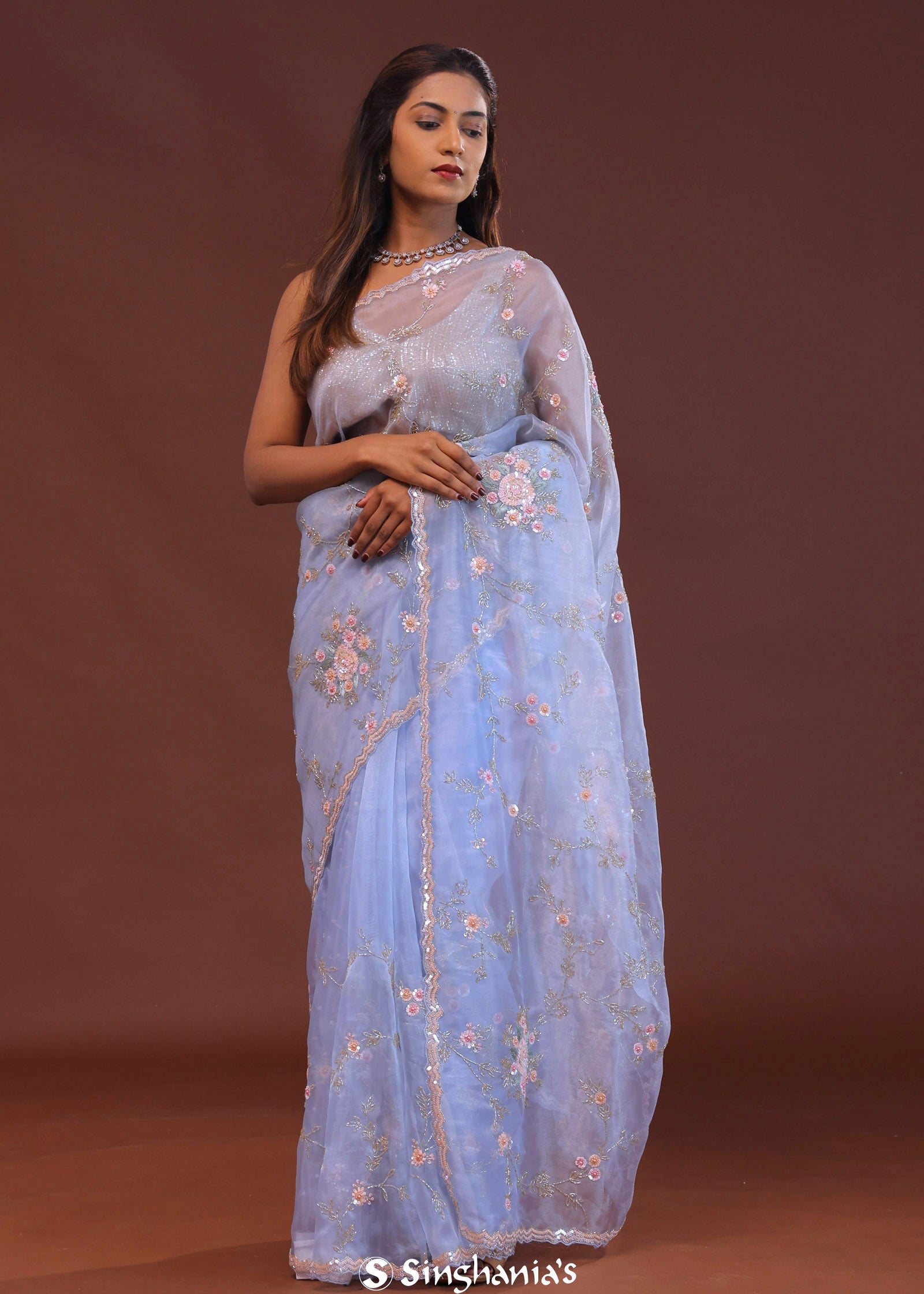 Cornflower Blue Organza Embroidery Saree With Scallop Border