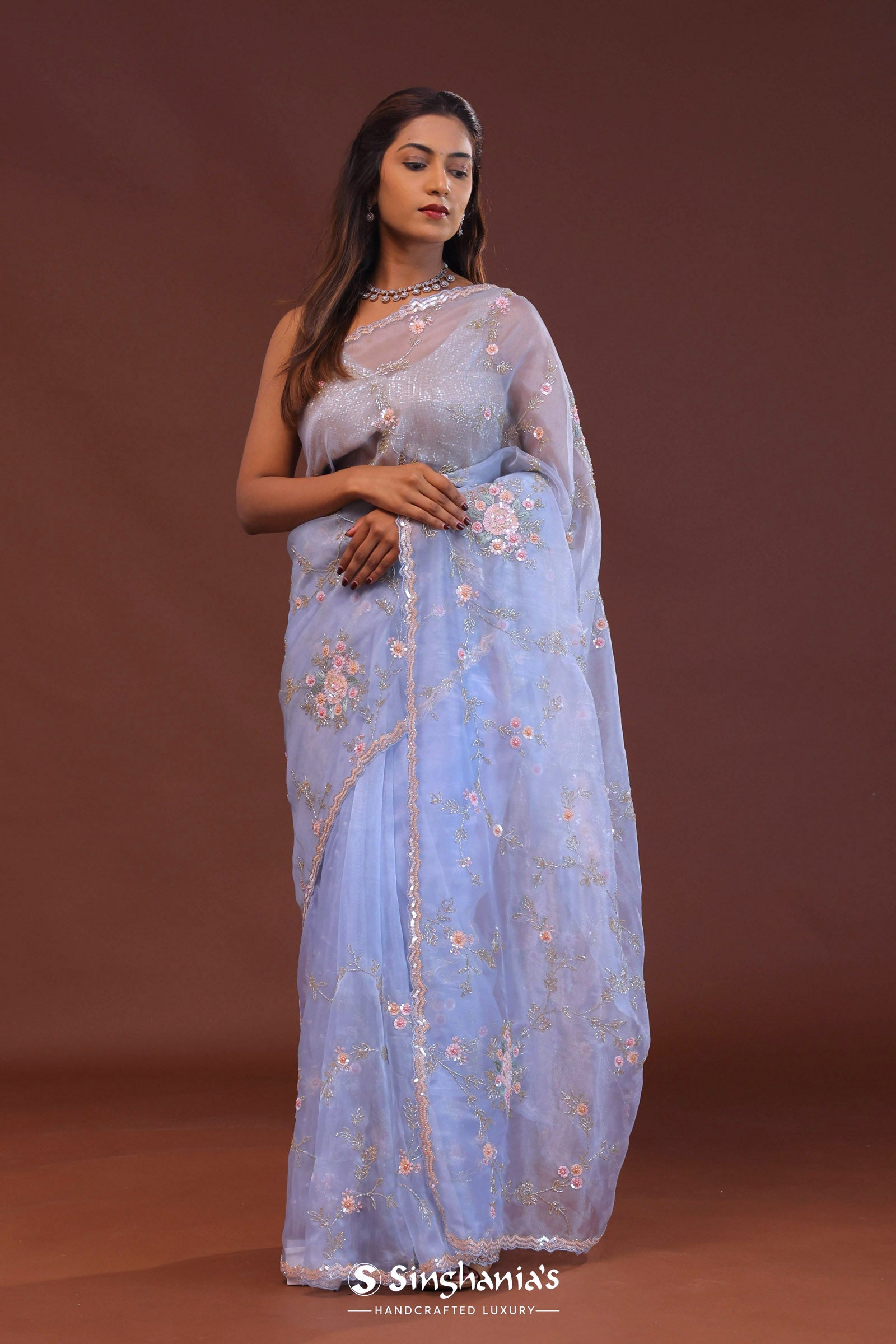 Cornflower Blue Organza Embroidery Saree With Scallop Border