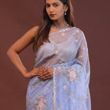 Cornflower Blue Organza Embroidery Saree With Scallop Border
