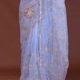 Cornflower Blue Organza Embroidery Saree With Scallop Border
