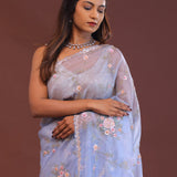 Cornflower Blue Organza Embroidery Saree With Scallop Border