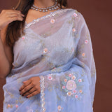 Cornflower Blue Organza Embroidery Saree With Scallop Border