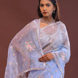 Cornflower Blue Organza Embroidery Saree With Scallop Border