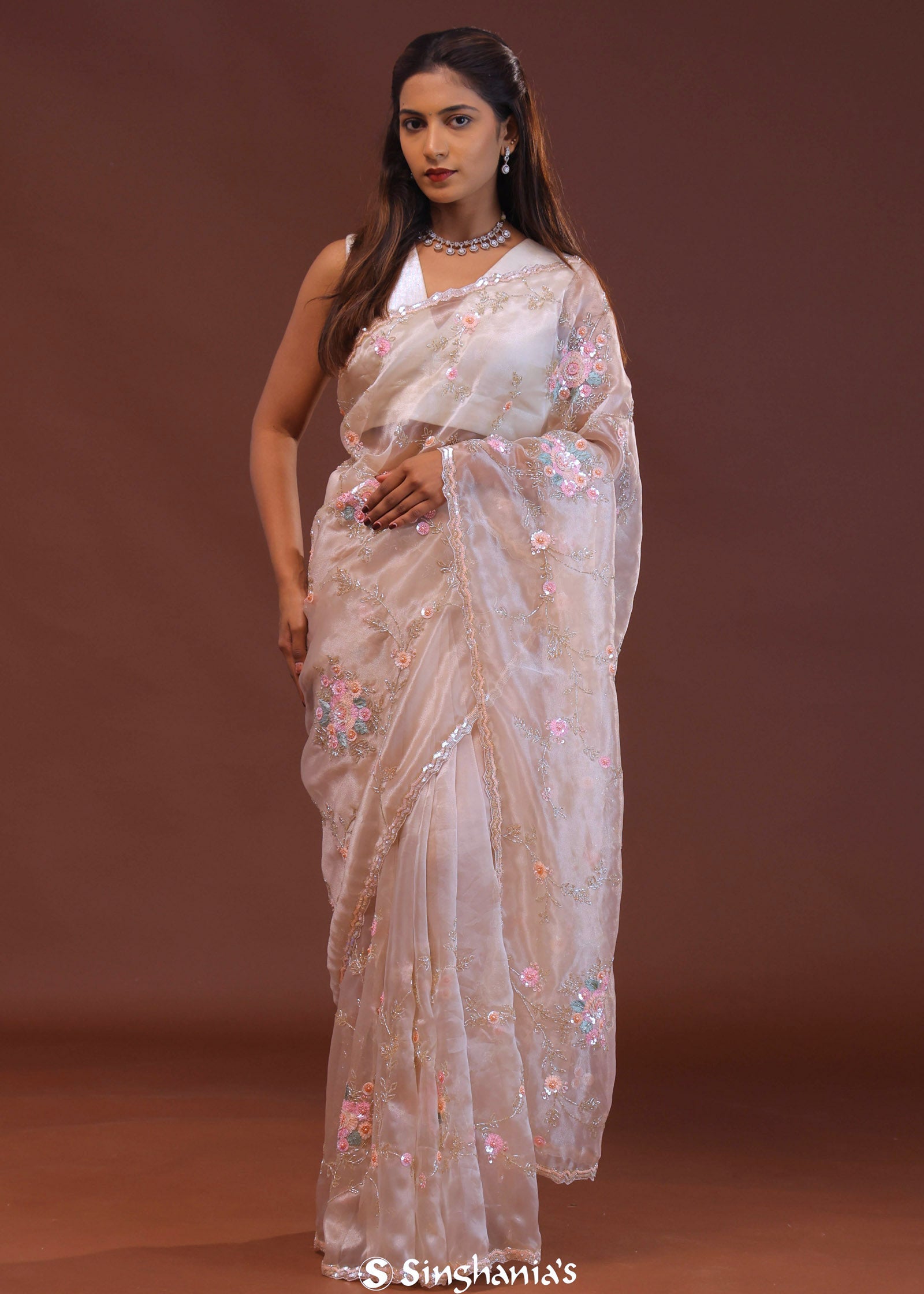 Soft Peach Organza Embroidery Saree With Scallop Border