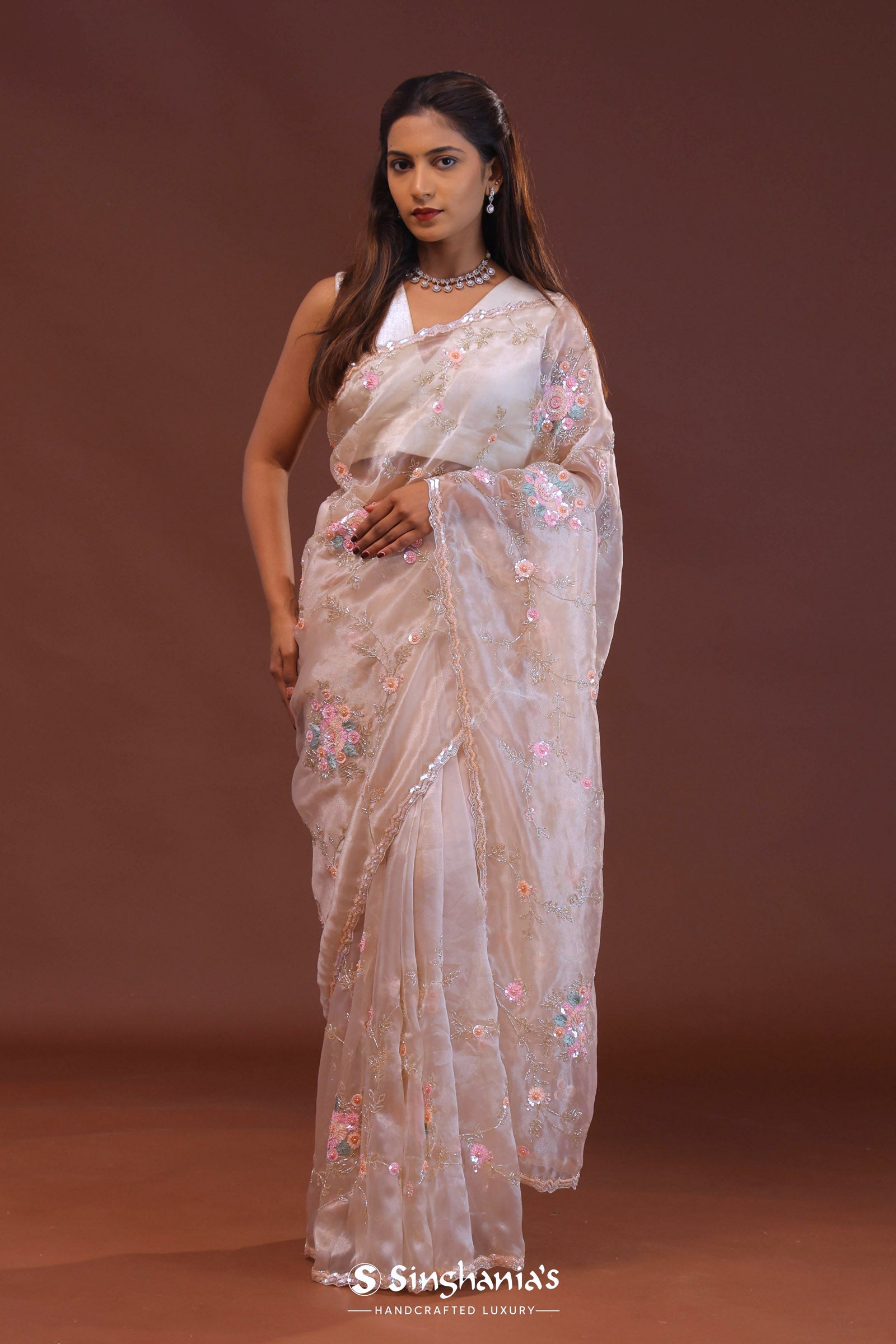 Soft Peach Organza Embroidery Saree With Scallop Border