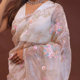Soft Peach Organza Embroidery Saree With Scallop Border
