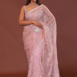 Rose Pink Organza Embroidery Saree With Scallop Border