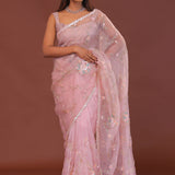 Rose Pink Organza Embroidery Saree With Scallop Border