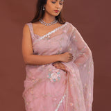 Rose Pink Organza Embroidery Saree With Scallop Border