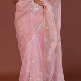 Rose Pink Organza Embroidery Saree With Scallop Border