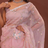 Rose Pink Organza Embroidery Saree With Scallop Border