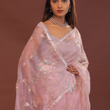 Rose Pink Organza Embroidery Saree With Scallop Border