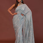 Powder Blue Tissue Embroidery Saree With Scallop Border