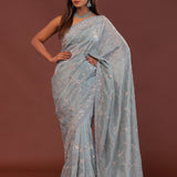 Powder Blue Tissue Embroidery Saree With Scallop Border