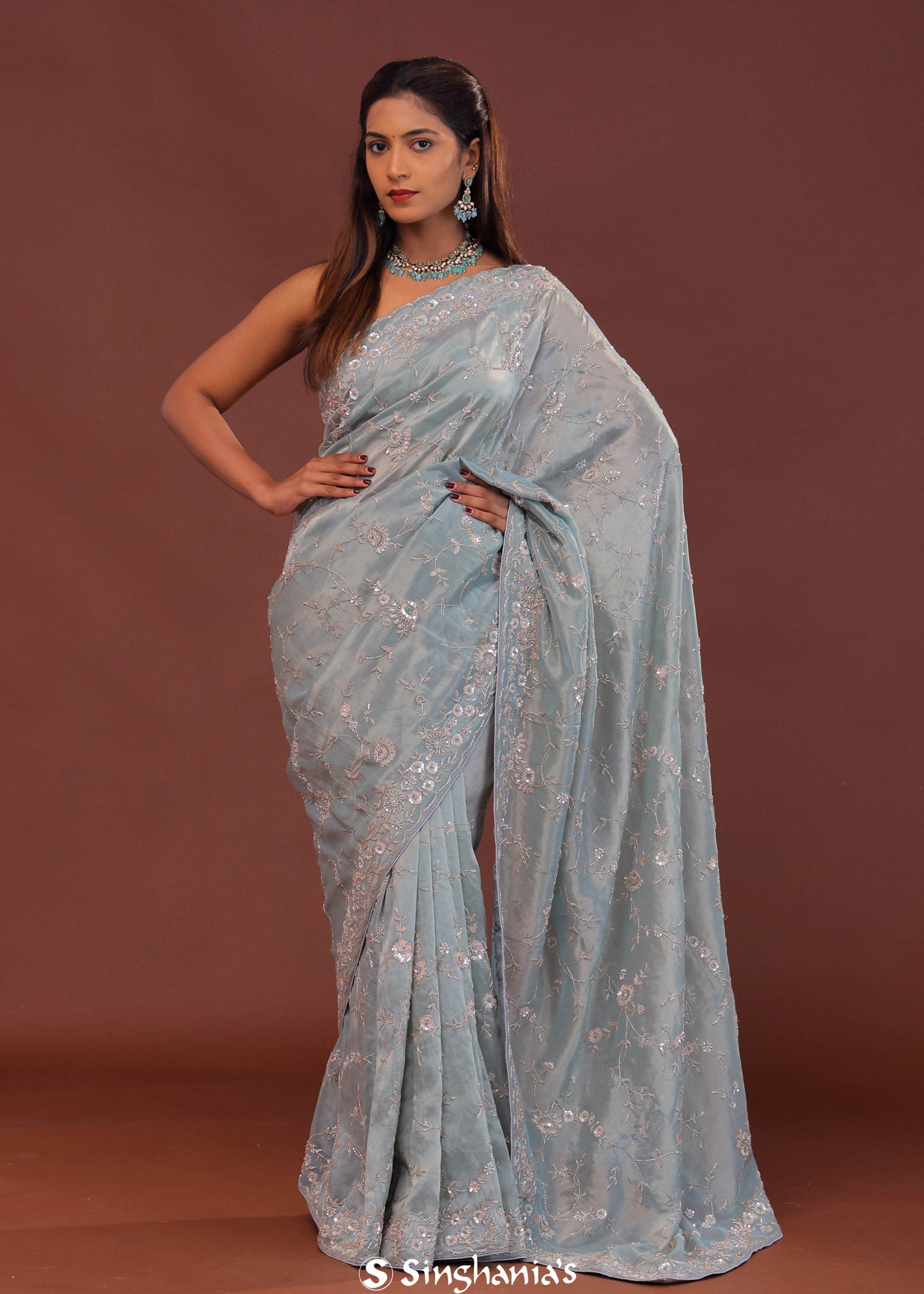 Powder Blue Tissue Embroidery Saree With Scallop Border