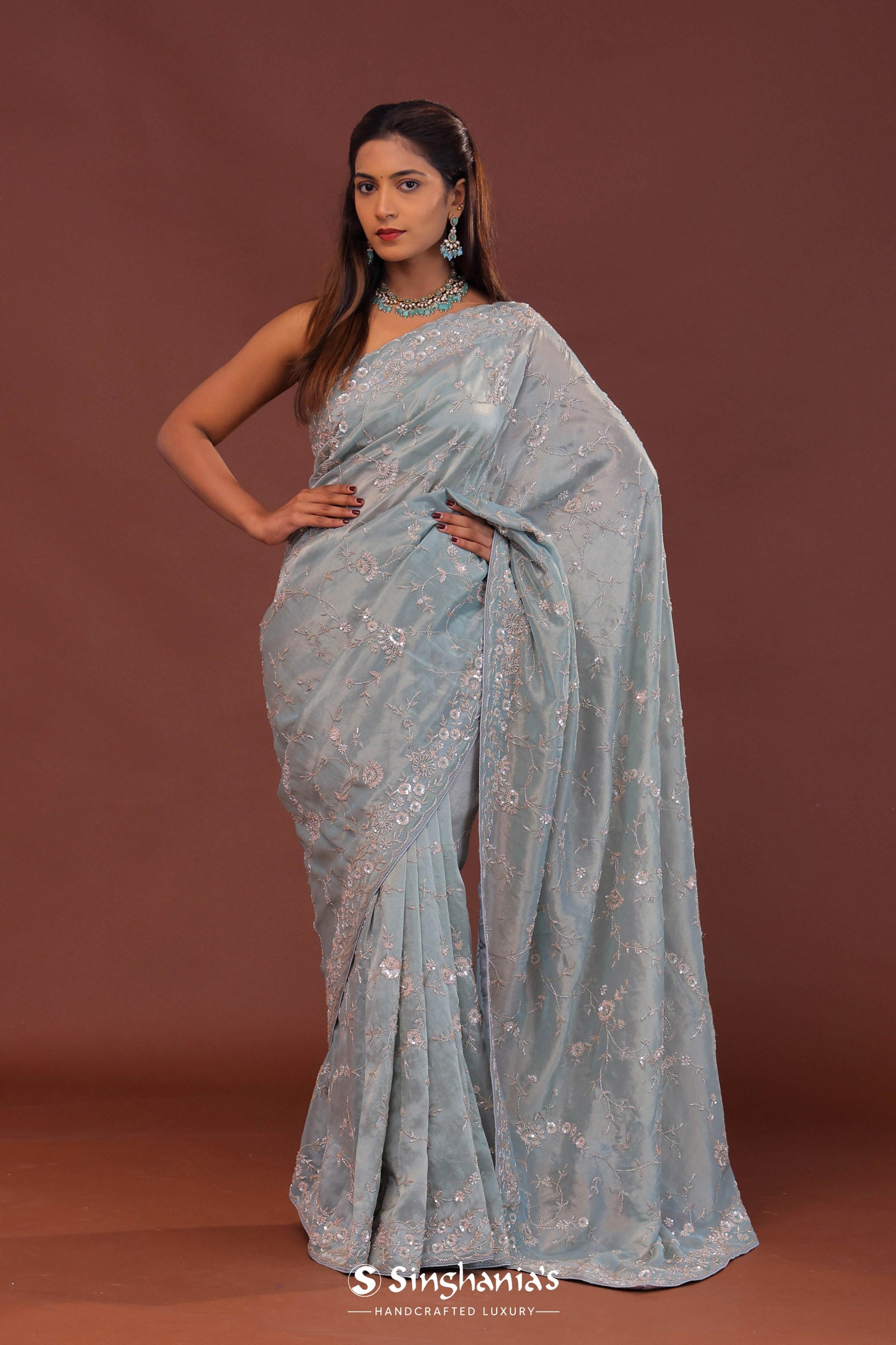 Powder Blue Tissue Embroidery Saree With Scallop Border