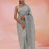 Shuttle Gray Georgette Tissue Saree With Scallop Border