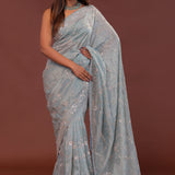 Powder Blue Tissue Embroidery Saree With Scallop Border