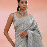 Shuttle Gray Georgette Tissue Saree With Scallop Border