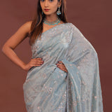 Powder Blue Tissue Embroidery Saree With Scallop Border