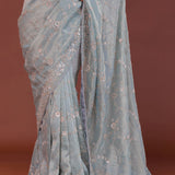Powder Blue Tissue Embroidery Saree With Scallop Border