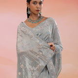 Shuttle Gray Georgette Tissue Saree With Scallop Border