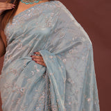 Powder Blue Tissue Embroidery Saree With Scallop Border