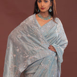 Powder Blue Tissue Embroidery Saree With Scallop Border