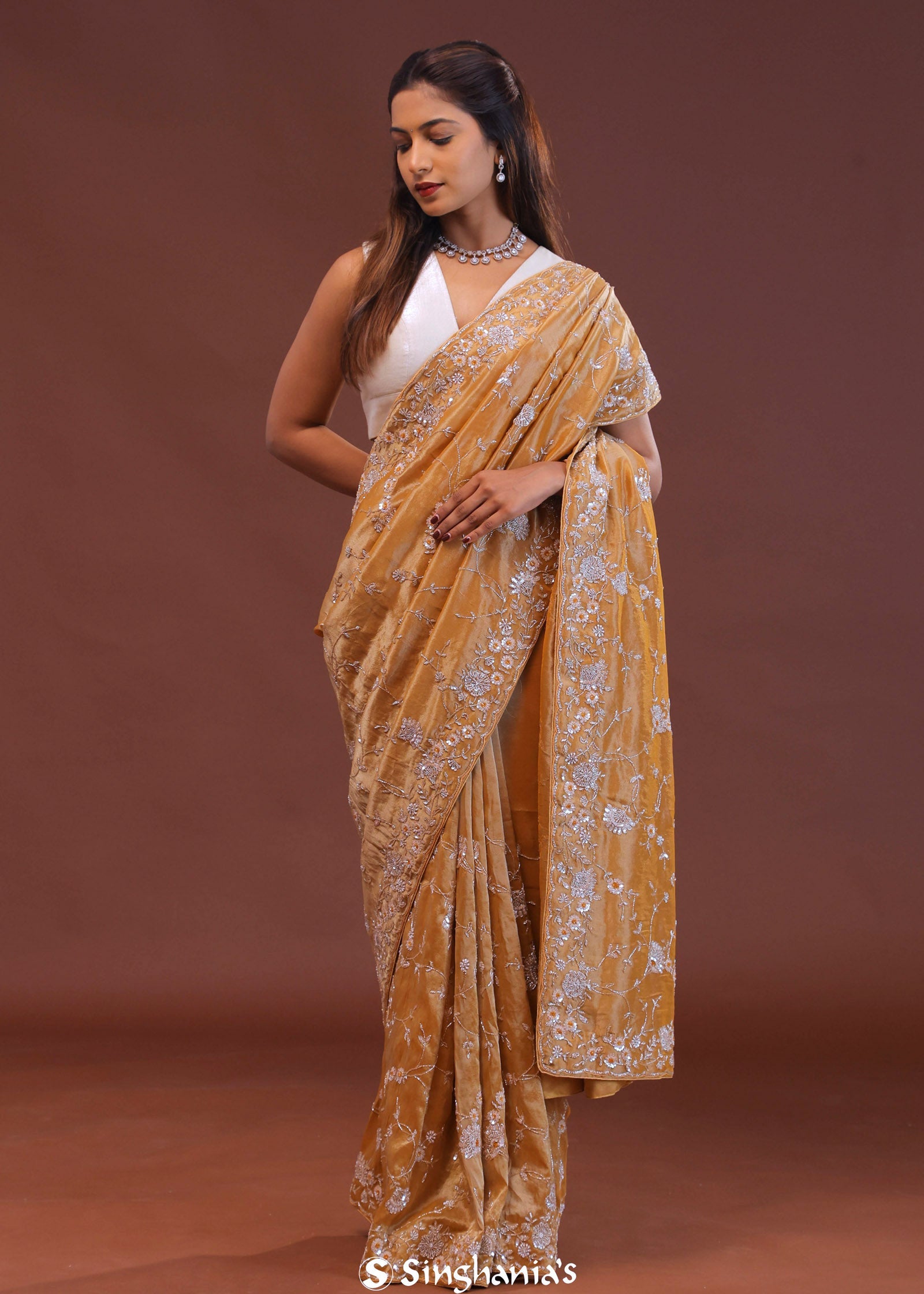 Dark Peach Tissue Embroidery Saree