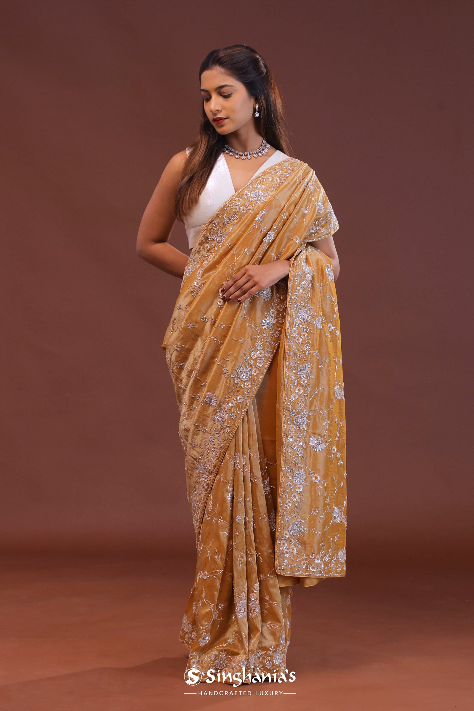 Dark Peach Tissue Embroidery Saree