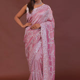 Pink Tissue Embroidery Saree With Scallop Border