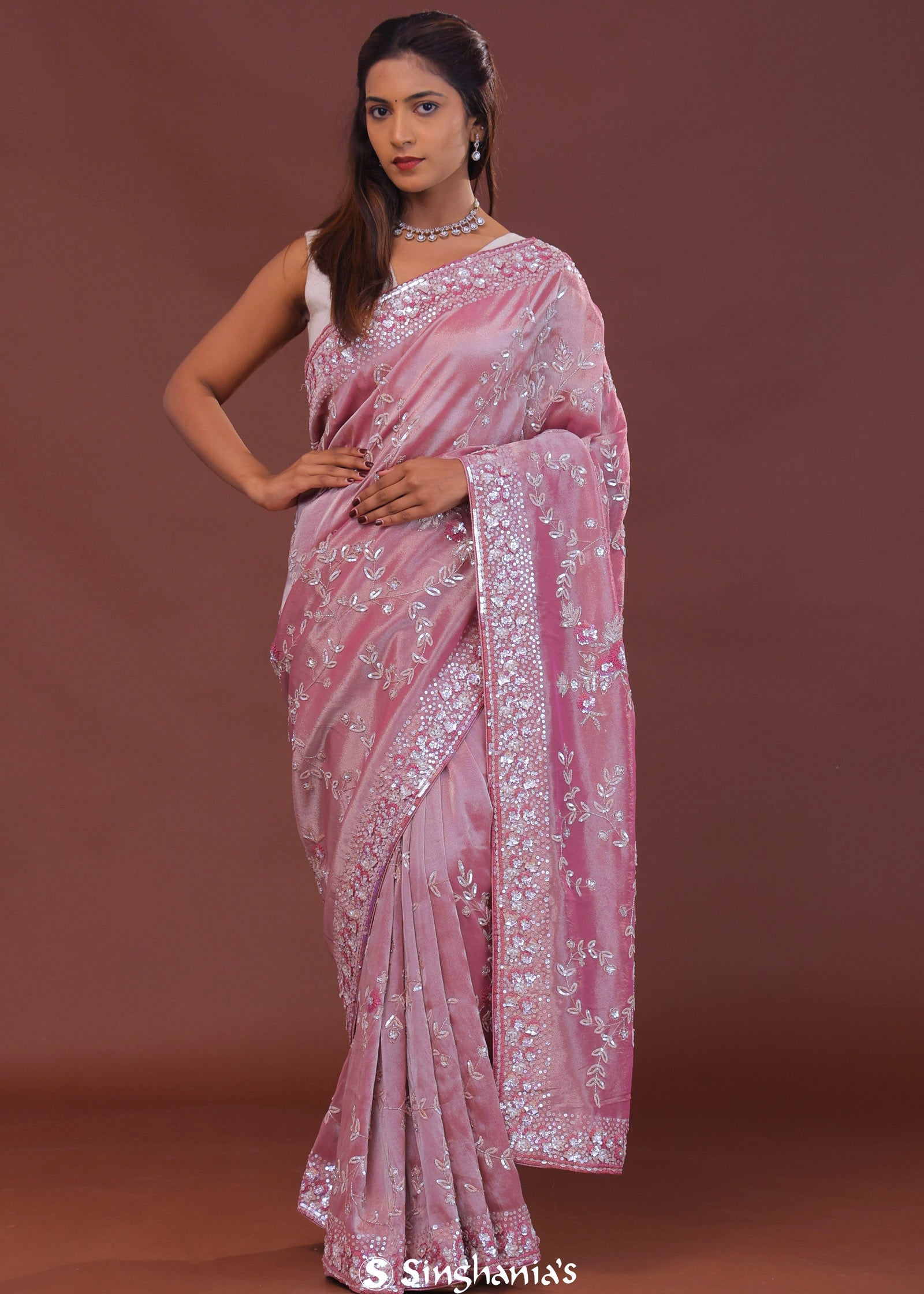 Pink Tissue Embroidery Saree With Scallop Border