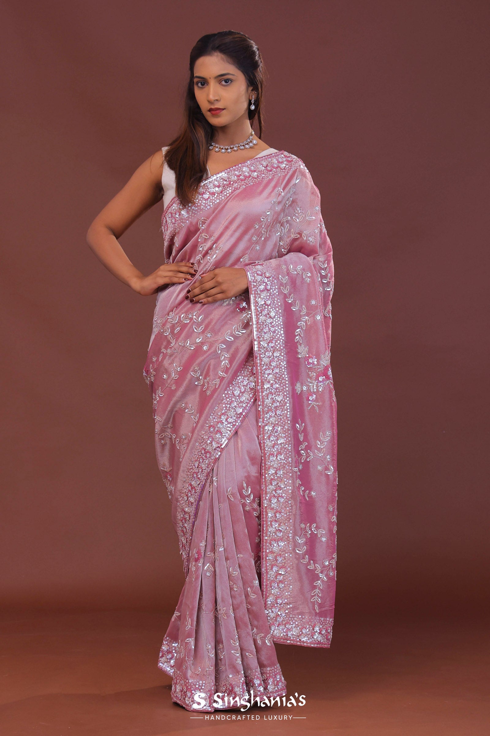 Pink Tissue Embroidery Saree With Scallop Border