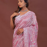 Pink Tissue Embroidery Saree With Scallop Border