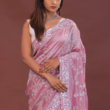 Pink Tissue Embroidery Saree With Scallop Border
