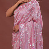 Pink Tissue Embroidery Saree With Scallop Border