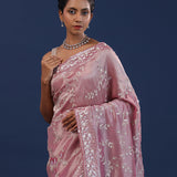 Pastel Pink Tissue Saree With Floral Sequin Work