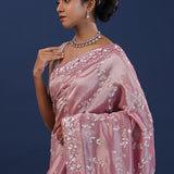 Pastel Pink Tissue Saree With Floral Sequin Work