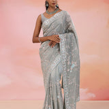 Smokey Gray Georgette Tissue Saree With Fancy Border