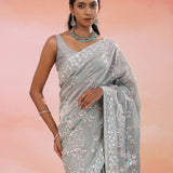 Smokey Gray Georgette Tissue Saree With Fancy Border