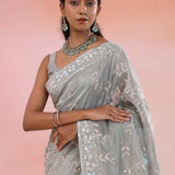 Smokey Gray Georgette Tissue Saree With Fancy Border