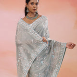 Smokey Gray Georgette Tissue Saree With Fancy Border